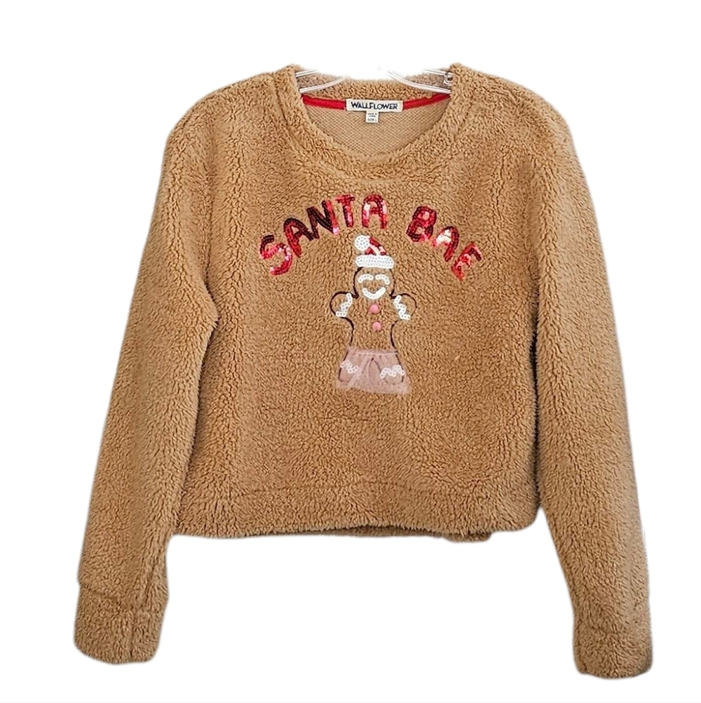 Cropped Tan Teddy Sweater Santa Bae in Red Sequins Gingerbread in Tutu size L